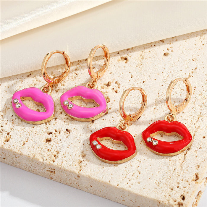 Gold Tone Crystal Accent Enamel Lips Huggie Drop Earrings in Two Colors