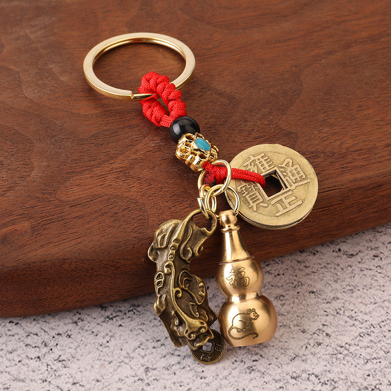 Brass Gourd Zodiac Pixiu Keychain with Red Cord Charm