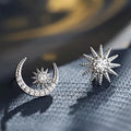 Silver Tone Asymmetric Crescent Moon Star Stud Earrings view 1