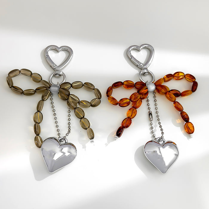 Beaded Bow Keychain With Heart Charm And Ball Chain