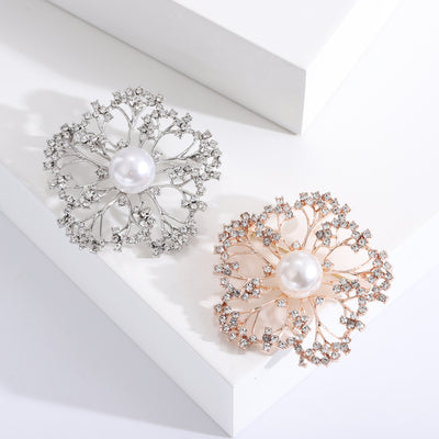 Pearl Crystal Filigree Flower brooch shown from the front