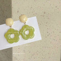 Cream Square Top And Lime Green Open Flower Drop Stud Earrings view 3