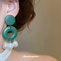 Green Wood Ring and Faux Pearl Fringe Drop Earrings view 3