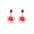 Pink Enamel Flower Drop Earrings Purple Crystal Post Tops view 5
