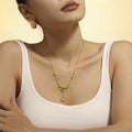 Gold Textured Bow Heart Drop Pendant Chain Necklace view 1