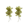 Green Fabric Flower Chain Tassel Earrings With Decorative Details view 5