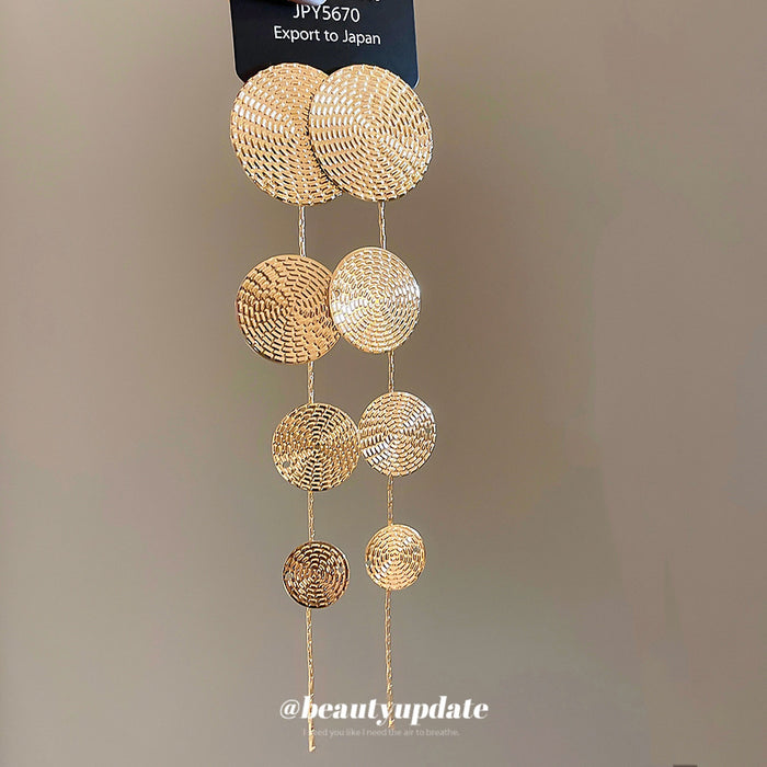 Textured Disc Long Drop Earrings in Five Metallic Colors