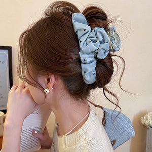 Blue Satin Heart Hair Claw With Black Polka Dots And Ruffles