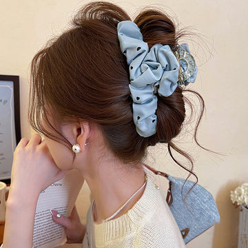 Blue Satin Heart Hair Claw With Black Polka Dots And Ruffles