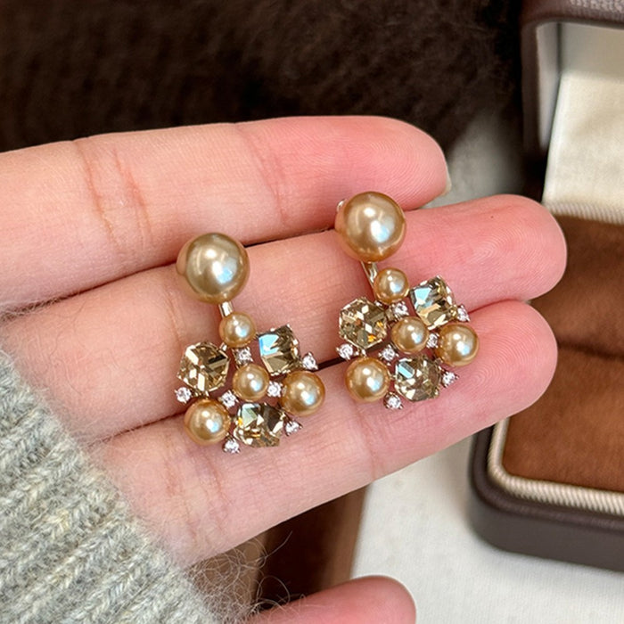 Brown Crystal Cluster and Pearl Look Stud Earrings