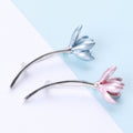 Slender Curved Tulip Stem Metal Brooch in Pink and Blue view 1