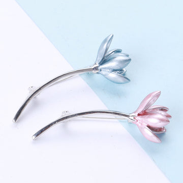 Slender Curved Tulip Stem Metal Brooch in Pink and Blue
