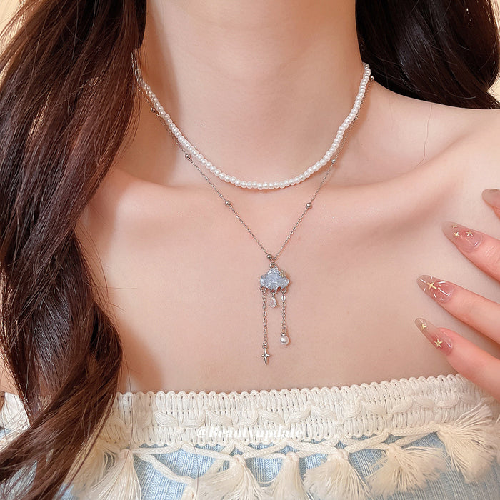 Silver Tone Layered Cloud and Raindrop Pendant Necklace