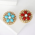 Gold Round Flower Brooch Oval Cabochon Pearl Rhinestone Pin view 2