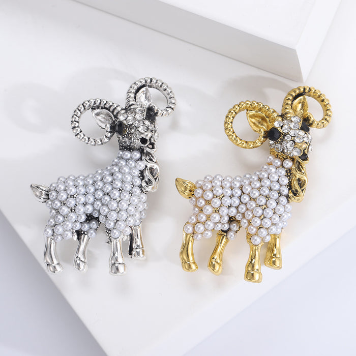 Pearl Crystal Ram Brooch in Gold and Silver Tones Lapel Pin