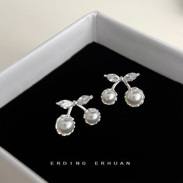 Silver Tone Clear Leaf Double Pearl Cherry Stud Earrings