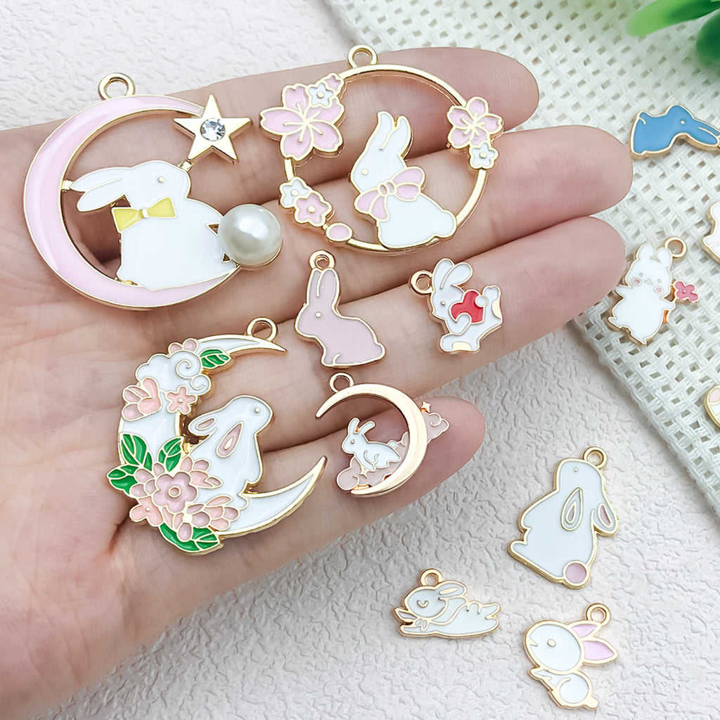 Enamel Zinc Alloy Rose Sakura Rabbit Moon Wreath Flower Charm Pendants for DIY Keychain Jewelry