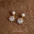 White Pearl Stud Gold CZ Snowflake Drop Earrings Pair view 4