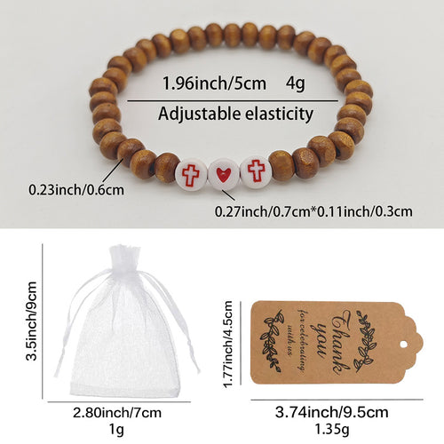Size chart for wood bead cross heart stretch bracelet packaging