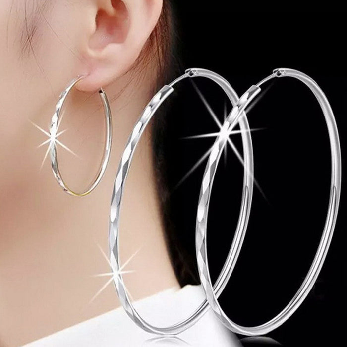 Silver Tone Diamond-Cut Large Hoop Earrings About 39mm