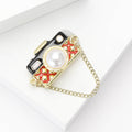 Enamel Camera Brooch With Pearl Lens Chain Gold Tone view 3