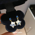Blue Star Dangle Earrings with Gold Tone Open Star Frames view 1