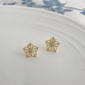 Gold Tone Pale Green Clear Petal Six Point Flower Stud Earrings view 3