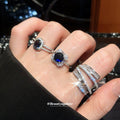 Silver Multi Row Crystal Open Ring Blue Oval Halo Band view 1