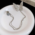 Silver Tone Crystal Butterfly Double Chain Brooch With Gray Pearl Like Pin view 6