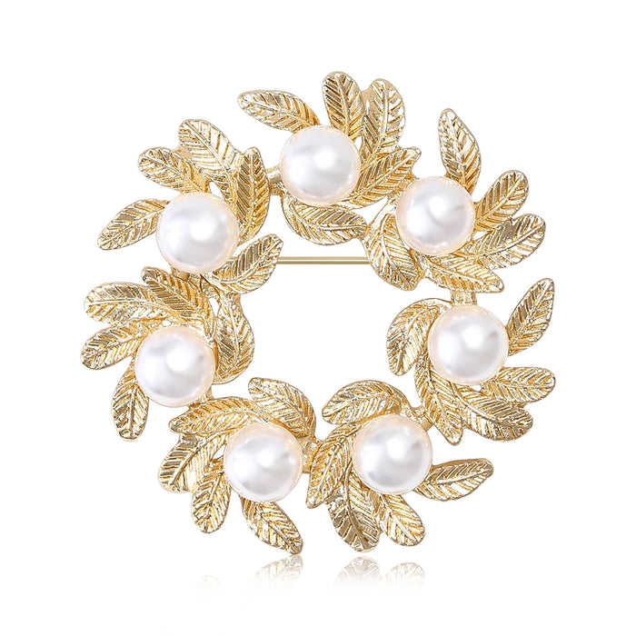 Pearl Leaf Wreath Brooch Silver Gold Two Tone Styles