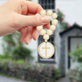 Cream Wood Bead Round Cross Disc Pendant Prayer Bracelet view 4