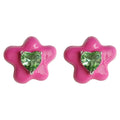 Bright Pink Enamel Flower Stud Earrings Green Heart CZ view 5