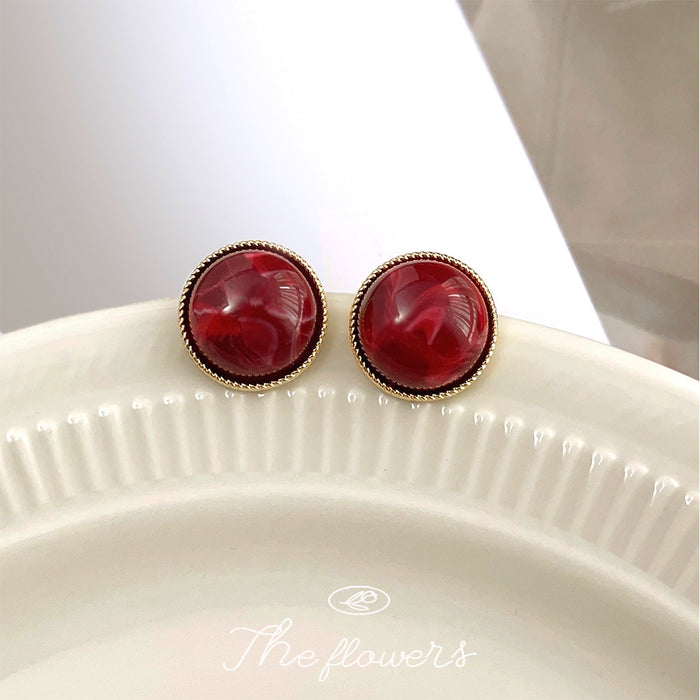 Deep Red Marbled Resin Round Stud Earrings Gold Bezel