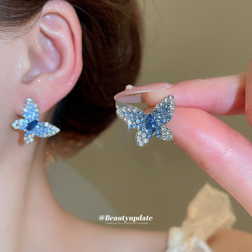 Blue Crystal Butterfly Stud Earrings in Silver Tone