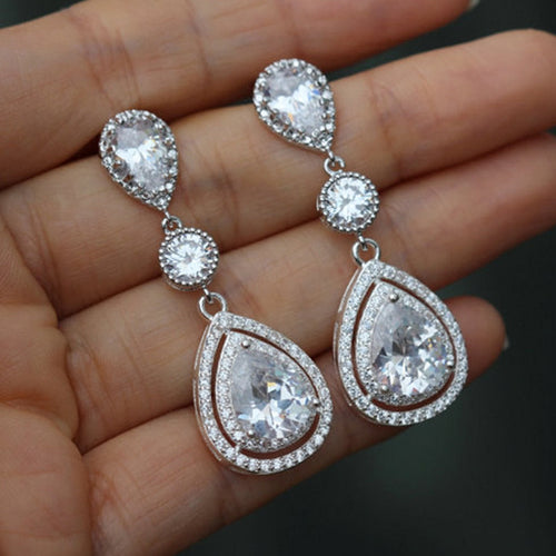 Pear Stone Triple Drop Silver Earrings Metal Jewelry Design shown in a front close-up