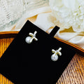 Gold White Enamel Bow Pearl Drop Stud Earrings Pair view 2