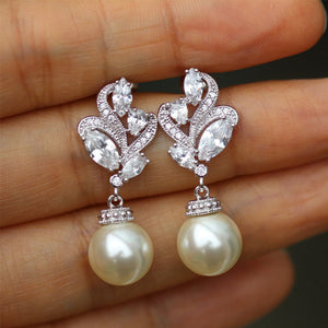 Leaf Cluster Drop Earrings with White Pearl Look Beads