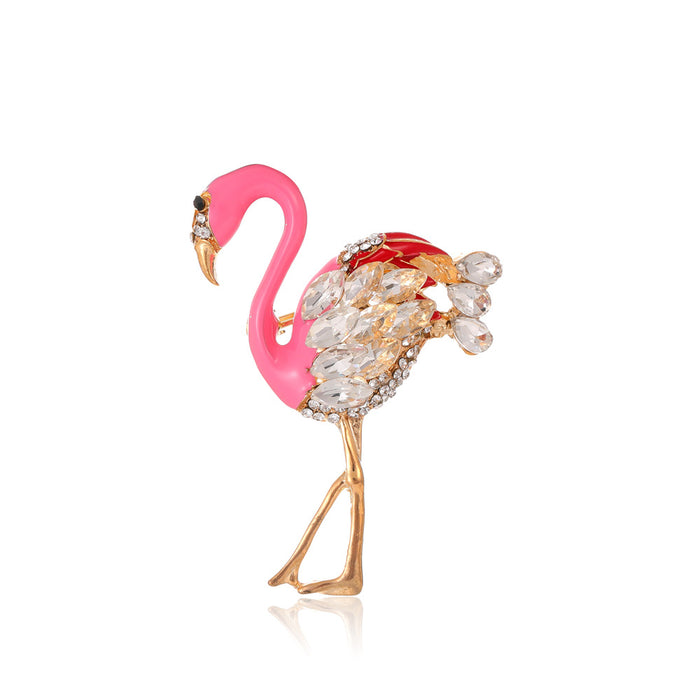 Red Gold Tone Flamingo Crystal Enamel Metal Brooch Pin