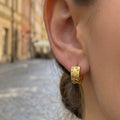 Gold Sun Moon Star Embossed Huggie Hoop Earrings Zircon view 2