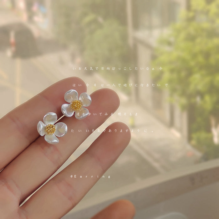 Pearlescent White Four-Petal Flower Gold Center Stud Earrings