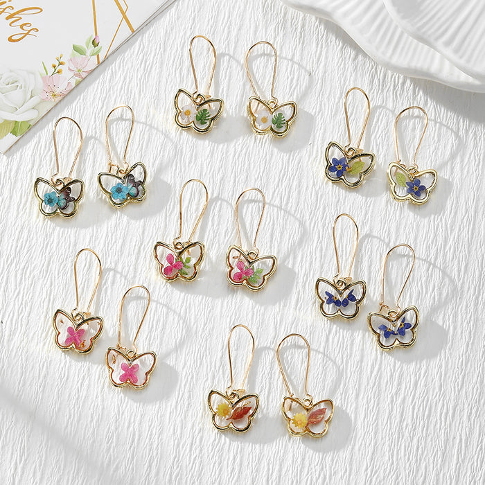 Gold Tone Small Butterfly Pressed Flower Drop Earrings in Seven Designs