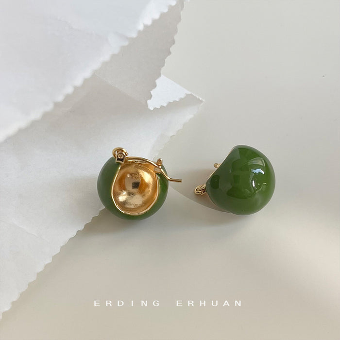 Gold Tone And Deep Green Chunky C Shape Stud Earrings For Women