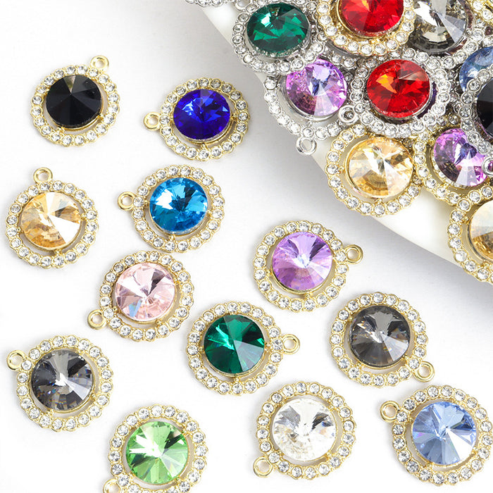 Round Crystal Halo Metal Jewelry Charms, 24 Colorways