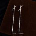 Gold Tone Slanted Bar Clear Stone Long Tassel Stud Earrings view 4