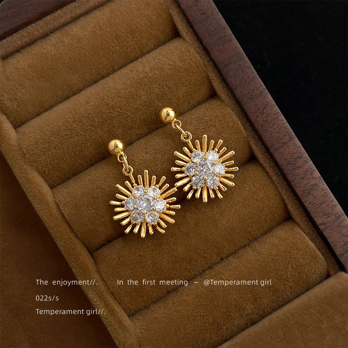 Gold Sunburst Drop Earrings Clear Crystal Cluster Rays
