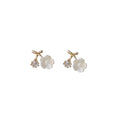 Gold Tone Curved Branch White Flower And Clear Stone Stud Earrings view 5
