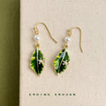 Green Enamel Leaf Drop Earrings Gold Hook Pearl Accents view 3