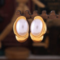 Oval Pearl Twist Frame Stud Earrings Gold Steel Metal Finish view 2