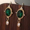 Gold Tone Green Oval Stone Earrings With Pearl Drops view 5