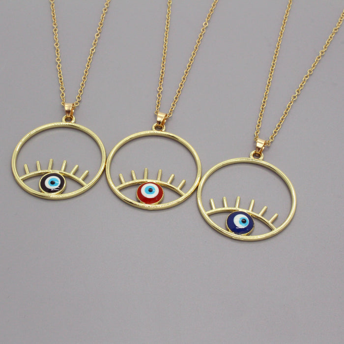 Gold Tone Oversized Round Eyelash Evil Eye Pendant Necklaces